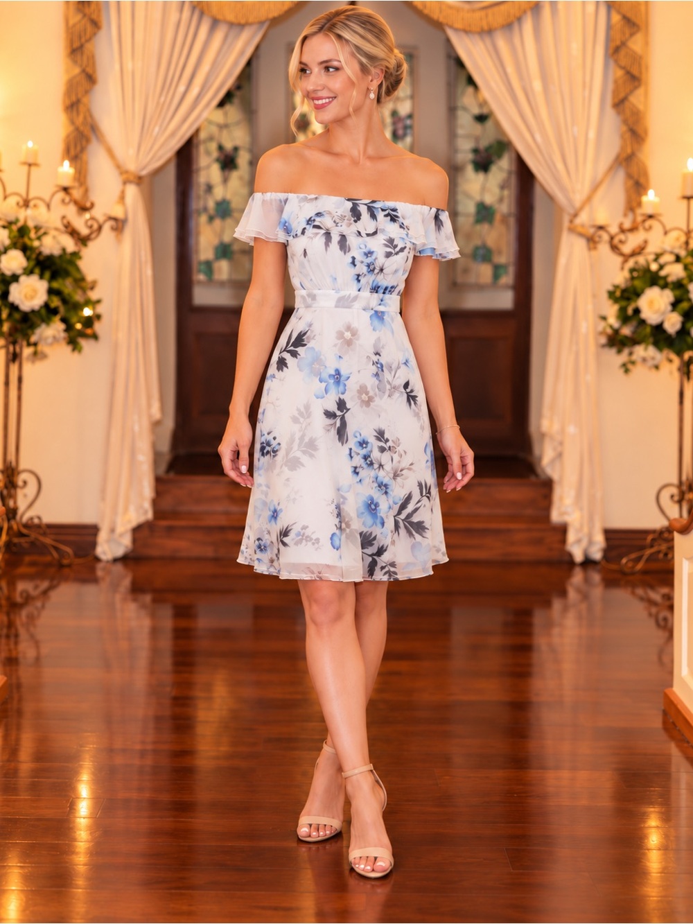 White House Black Market Floral Sheer Overlay Off-Shoulder Dress – Size 12P